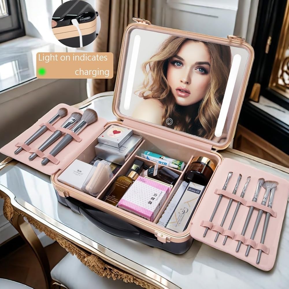 Black & Gold Makeup Case LED Lighted Mirror Portable Travel Makeup Organizer - Picture 5 of 10